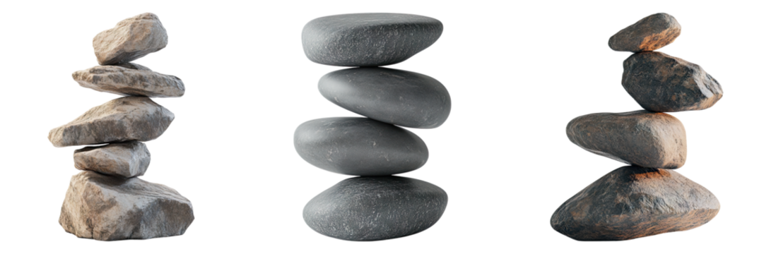 Balanced stones isolated on transparent background, Set of