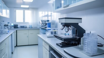Modern laboratory with advanced microscopy equipment and clean, organized workspace.