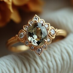 Elegant gold ring featuring a large oval gemstone surrounded by sparkling diamonds.