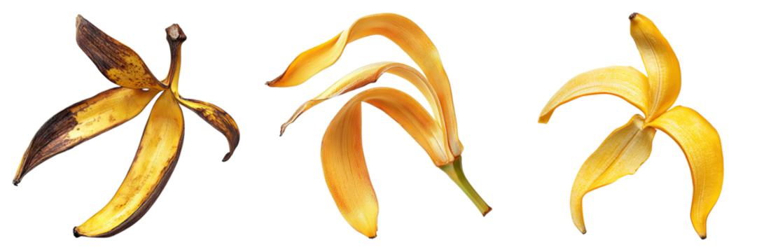 Banana peel isolated on transparent background, Set of