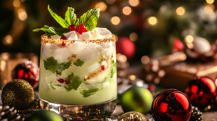 Stunningly Refreshing Coconut Christmas Mojito Highlighted with a Festive Background and Ultra Wild Shot Detail Capture