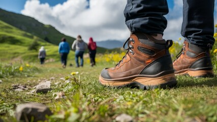 Fototapeta premium Adventure Awaits: A close-up of sturdy hiking boots with a group of hikers in the background, capturing the essence of exploration and the thrill of outdoor adventure. 