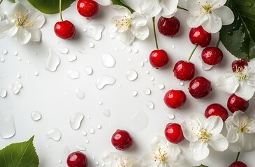 Fresh red cherries and white blossoms with water droplets on a white background.