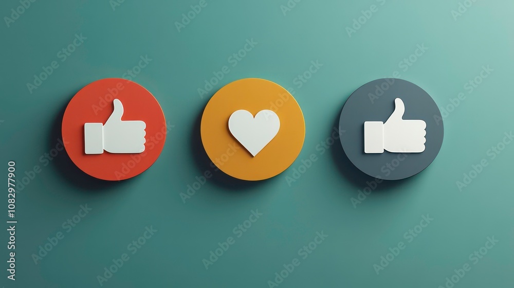 Aufkleber Three round icons arranged in a row on a plain background The middle icon shows a white heart shape while the other two icons display a white thumbs up symbol representing positive feedback approval