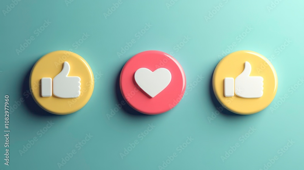 Aufkleber Three round icons arranged in a row on a plain background The middle icon shows a white heart shape while the other two icons display a white thumbs up symbol representing positive feedback approval