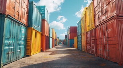 Fototapeta premium Colorful shipping containers stack in a busy freight yard during daylight