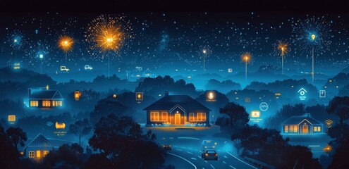 Obraz premium Smart home technology illuminating a night scene with digital connectivity