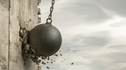 Breaking Through Barriers: A powerful wrecking ball smashes through a concrete wall, symbolizing the force of determination and the overcoming of obstacles.