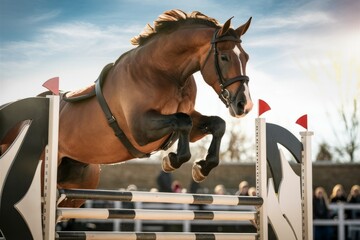 Horse Jumping Over Obstacle: A powerful brown horse leaps over a white and black obstacle in a show jumping competition, demonstrating strength, athleticism, and grace.