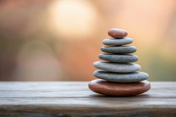 Obraz premium Zen Stone Stack: A serene scene of perfectly balanced stones, with a soft, blurred background of sunset hues. This image evokes tranquility, mindfulness, and the power of focus. 