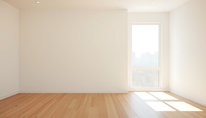 Fototapeta premium A serene wallpaper featuring a minimalist, empty room with light wooden flooring and soft white walls, bathed in natural light streaming through a large window, creating an airy and open feel.