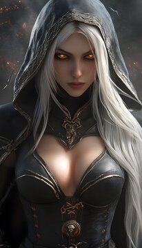 Portrait of a powerful fantasy dark elf female sorceress