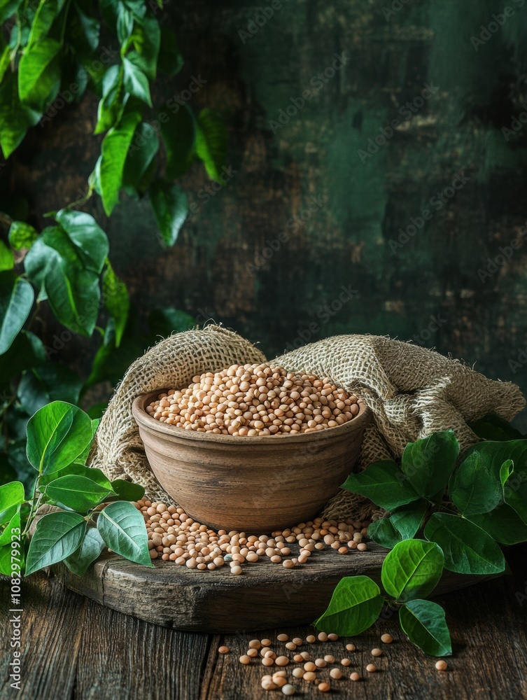 Poster bowls and sacks filled with lentils, beans, and chickpeas are artistically arranged on a rustic wood