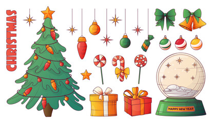 Christmas set of vector illustration of tree, decorations, presents, bows, sweets. For decorating card, poster, banner. Merry Christmas, New Year concept.
