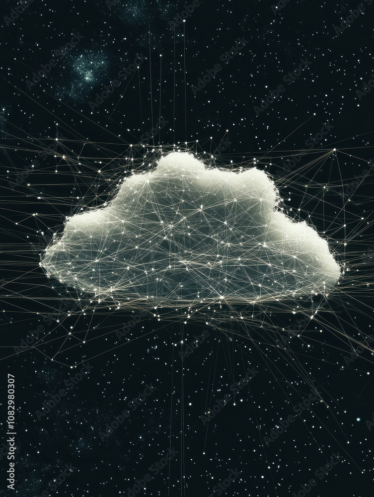 Poster a data cloud is depicted with thin connecting lines extending in various directions against a starry