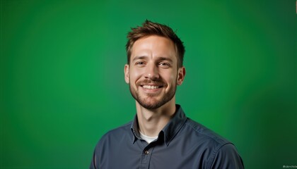 Fototapeta premium Smiling man dressed in a blue shirt, against green background. Portrait of a young IT pro. Male model posing for a photo shoot. This photo is perfect for business and tech related content.