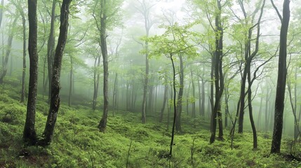 Obraz premium Green forest, fog, tranquil atmosphere, various green shades
