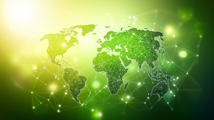 Green futuristic Earth map, internet, social network, tech, and geometric background