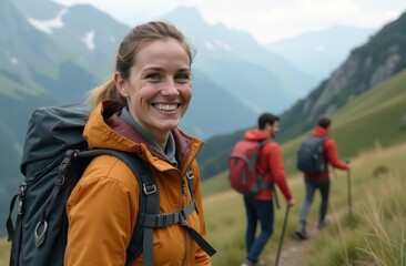 Fototapeta premium Autumn mountain adventure with smiling hiker on scenic trail