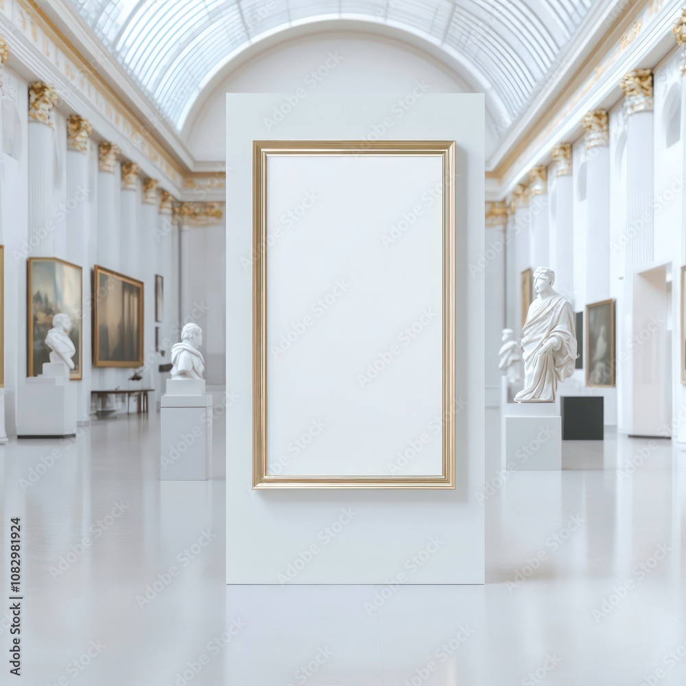 Poster the empty placard in the museum has an empty frame. white paper poster mockup stand at gallery wall,