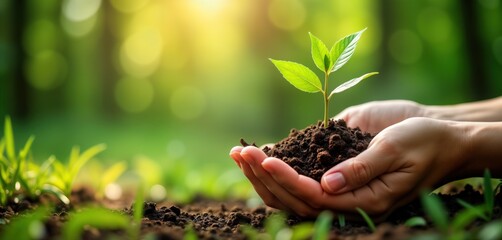 Hands hold small green plant with soil. Concept of planting, caring for nature. Eco friendly, sustainability, growth. Planting tree, taking care of environment. Green leaves, fresh soil. Green eco