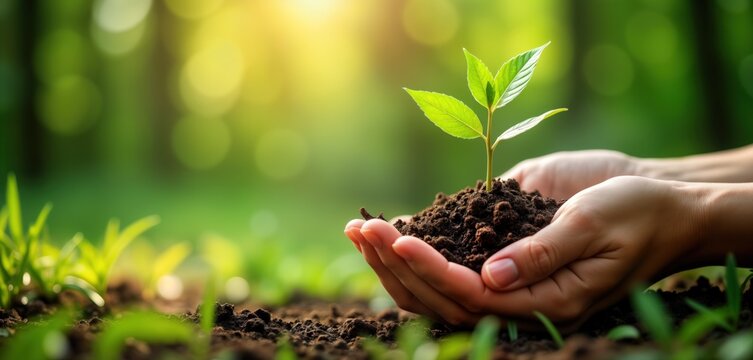 Hands hold small green plant with soil. Concept of planting, caring for nature. Eco friendly, sustainability, growth. Planting tree, taking care of environment. Green leaves, fresh soil. Green eco