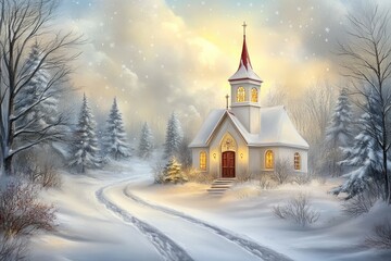 Obraz premium A realistic oil painting of a church in the snow