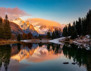 Obraz premium Pristine Alpine Lake Surrounded by Snow-Capped Peaks and Pine Trees, Captured at Sunset With a Golden Sky Reflecting on the Water for a Stunning Nature Landscape Scene