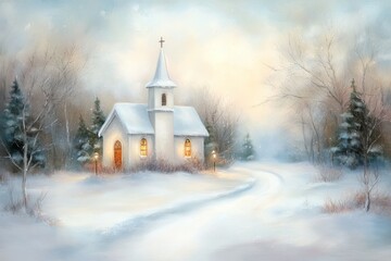 A realistic oil painting of a church in the snow