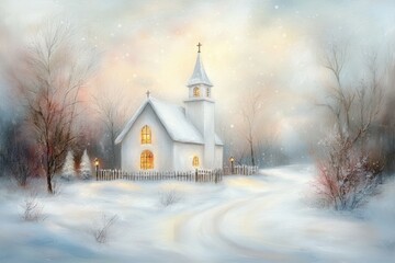 A realistic oil painting of a church in the snow
