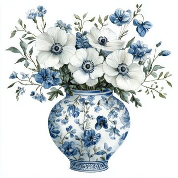 recommend clip art: Clean edge watercolor graphic of a ceramic vase filled with white and blue flowers