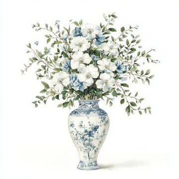 recommend clip art: Clean edge watercolor graphic of a ceramic vase filled with white and blue flowers