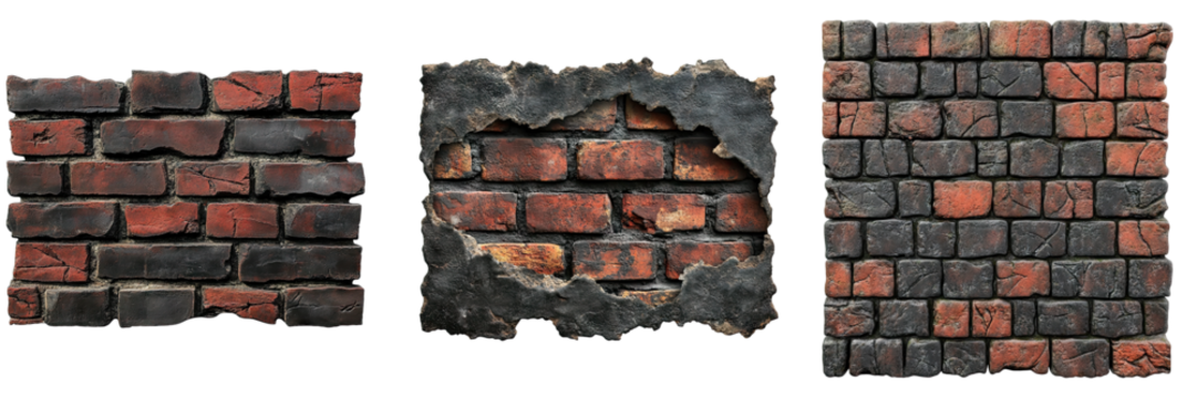 Black texture with red brick isolated on transparent background, Set of - Powered by Adobe