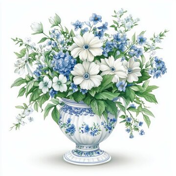recommend clip art: Clean edge watercolor graphic of a ceramic vase filled with white and blue flowers
