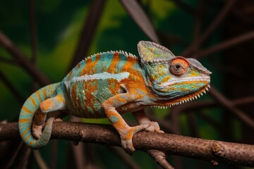 Obraz premium Panther Chameleon on Branch: A vibrant Panther Chameleon with intricate patterns and striking colors perches on a branch, showcasing its unique and captivating beauty. 