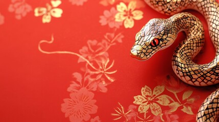 Obraz premium Japanese New Year's snake card, red background decoration. 