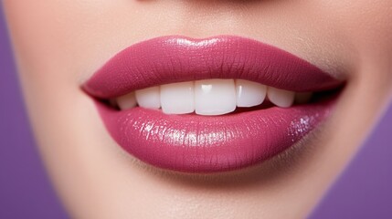 Fototapeta premium Lips permanent makeup close-up without teeth on a lilac background