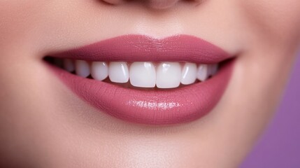 Fototapeta premium Lips permanent makeup close-up without teeth on a lilac background