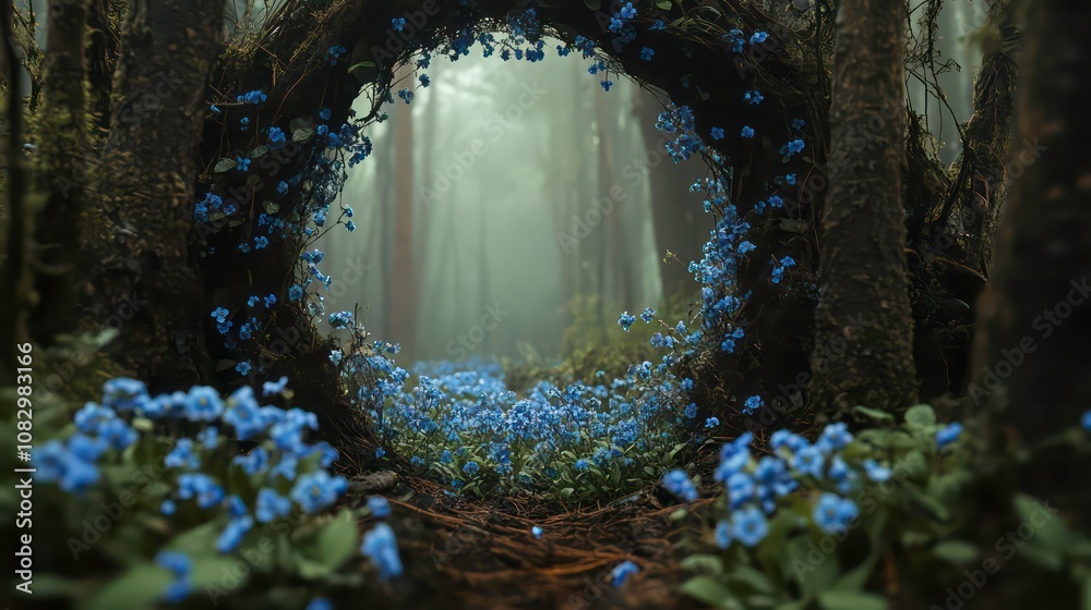 Poster a mystical forest path leading through a wreath of blue flowers into a misty, ethereal realm.