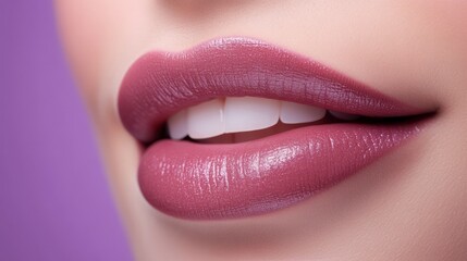 Fototapeta premium Lips permanent makeup close-up without teeth on a lilac background