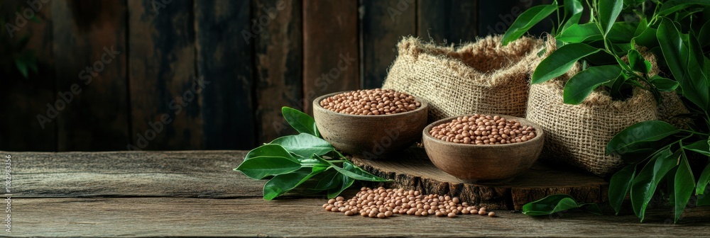 Aufkleber bowl and burlap sacks overflow with a variety of lentils, beans, and chickpeas on a rustic wooden ta