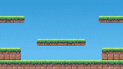 pixel art retro game level, 8 bit 2d video game background, pixel template. stones, grass and blue sky. Vector illustration © hiten666