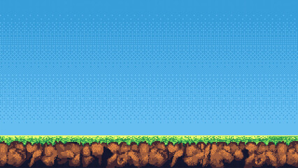 pixel art retro game level, 8 bit 2d video game background, pixel template. stones, grass and blue sky. Vector illustration © hiten666