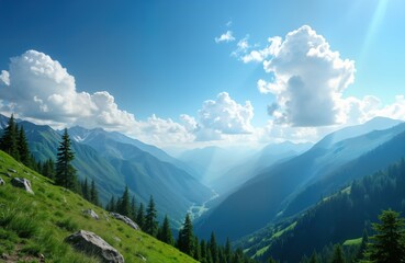 Obraz premium Mountain range landscape photo. Blue sky with white clouds. Green valley between hills. Forest and grass on slope. Summer nature scenic background for web and print.
