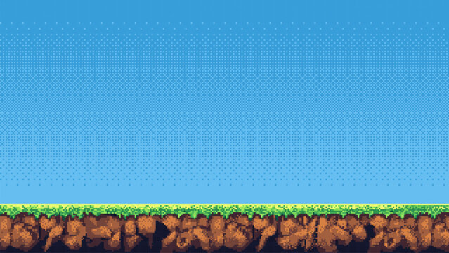 pixel art retro game level, 8 bit 2d video game background, pixel template. stones, grass and blue sky. Vector illustration