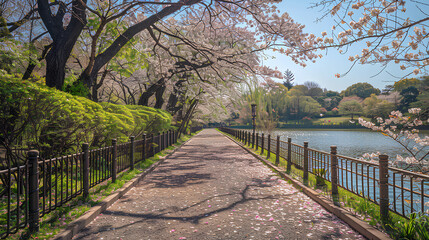 Fototapeta premium cherry blossom trees in full bloom along the winding paths, creating an enchanting pink canopy that adds to its allure.