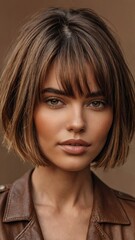 Fototapeta premium Brown-Haired Model with Subtle Makeup in Artistic Lighting 