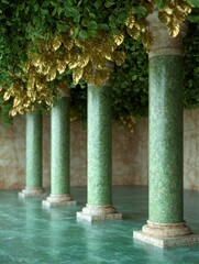 Naklejka premium Lush tropical foliage and ornate marble columns