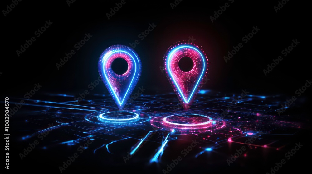 Poster Two glowing neon location pin icons on a dark futuristic background with digital abstract elements.