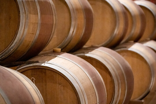 Barriles de vino en reserva acopiados en una cava de una bodega